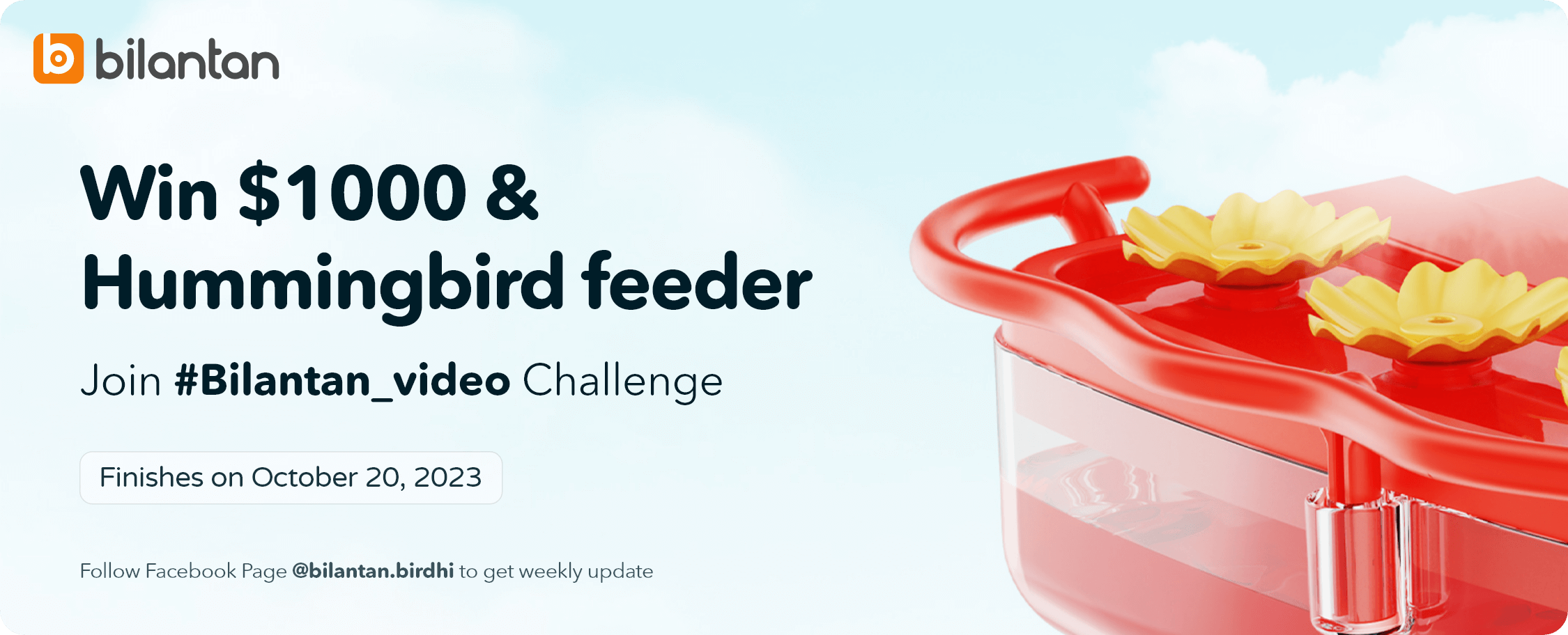 Win $1000 & Hummingbird feeder Join #Bilantan_video Challenge. Finishes on October 20, 2023. Follow Facebook Page @bilantan.birdhi to get a weekly update.